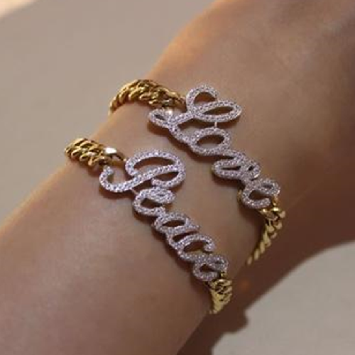 Custom Diamond Name on Chain Bracelet (Love, Peace…)